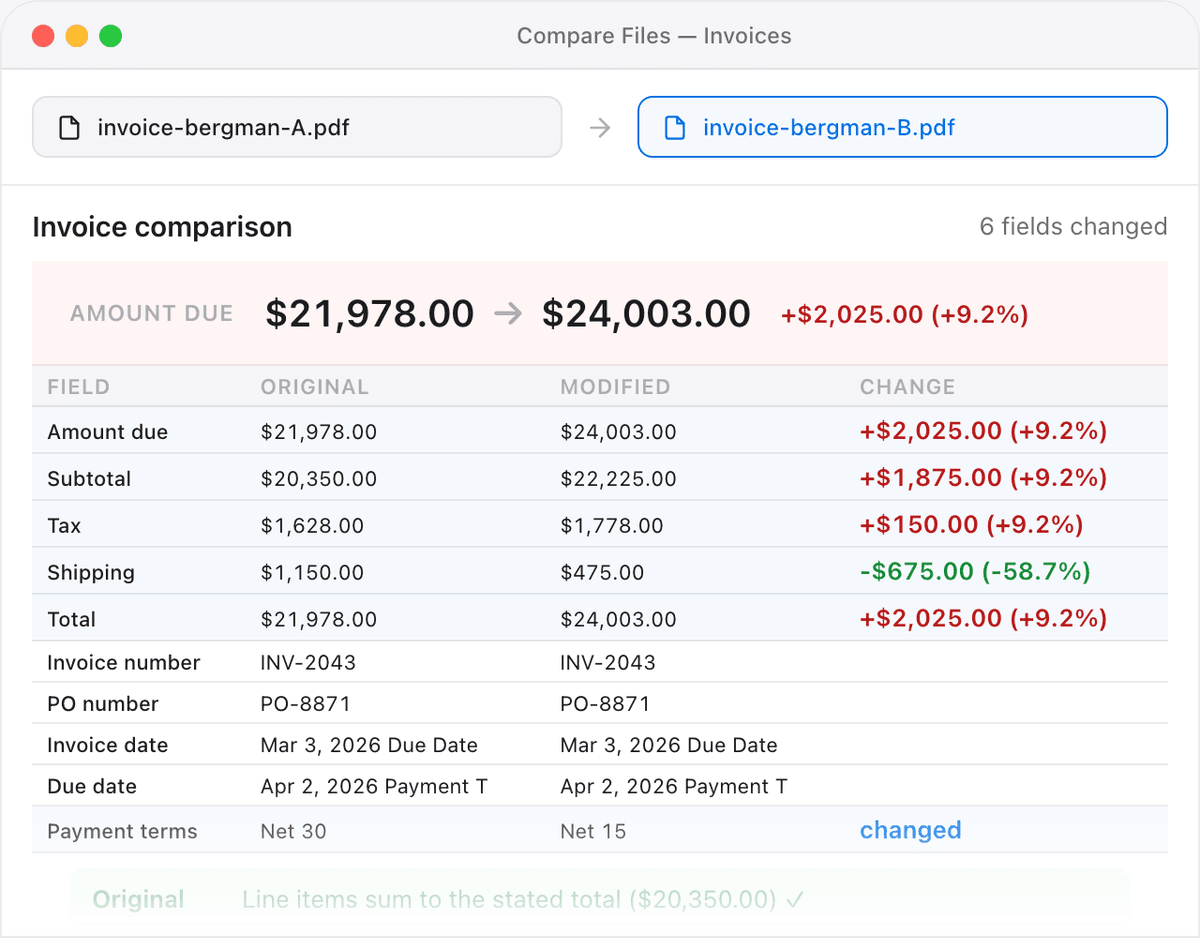 Two spreadsheets reconciled by key column in the browser, showing changed cells and rows present in only one file